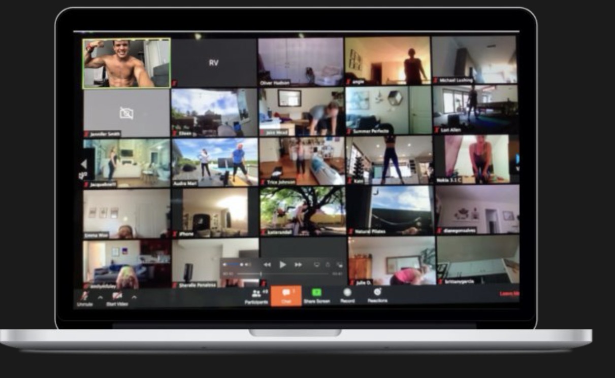 Live Movu session on a laptop showing dozens of remote teammates training together